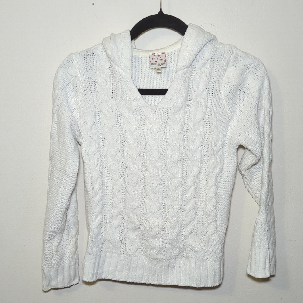 Belle Du Jour White Cable Knit Hooded Sweater Chenille Girls Size L